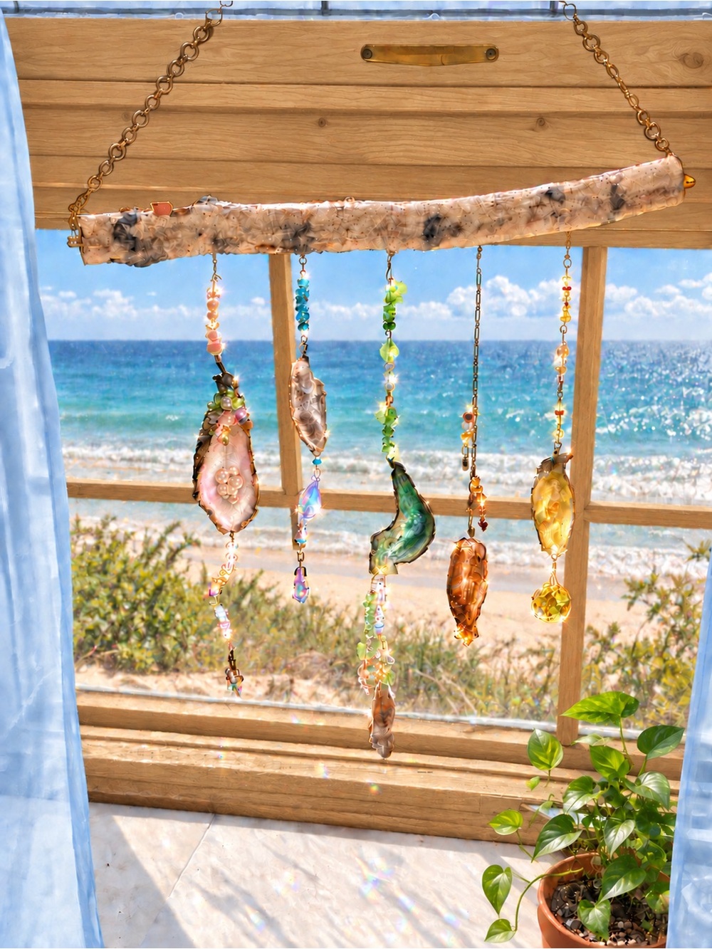 Handcrafted Oyster Shell Hanging Mobile - Natural Multicolor
